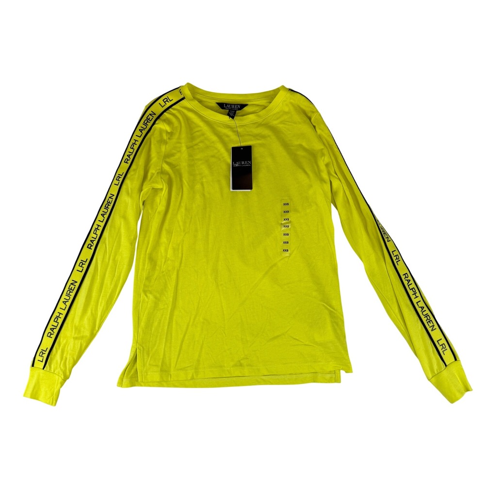 Lauren Ralph Lauren Long Sleeve Top Womens XXS Neon Yellow Logo Tape LRL NEW